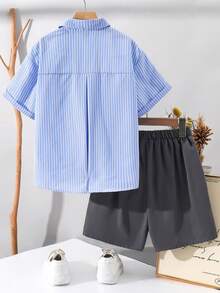 Tween Boy Japanese/Korean Style Short Sleeve Shirt And Shorts Set - Blue - View 5