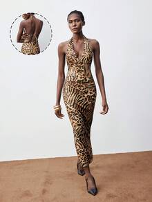 Maija 女士时尚动物印花露背吊带连衣裙，夏季 - 棕色 - 查看 1