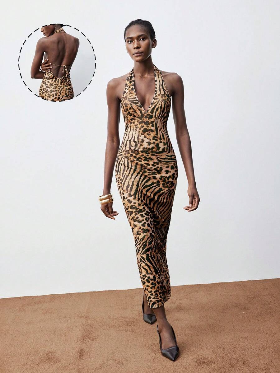 Maija 女士时尚动物印花露背吊带连衣裙，夏季 - 棕色 - 查看 1