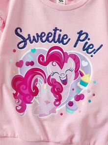 My Little Pony X SHEIN 小女孩卡通可爱粉色小马、彩虹、爱心印花荷叶袖卫衣，秋冬款