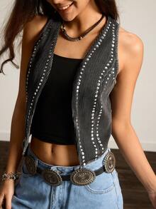 Easelle Women's Black Knit Snowflake Studded Top, 2025 Style, Snowflake Design, Autumn/Winter Holiday Style, Studded, Party Wear - Black - View 5