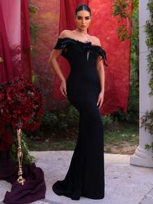 Glamrae Váy dài đuôi cá trễ vai màu đen thanh lịch, cổ chữ V sâu (lông vũ giả), trang trí, thích hợp cho các buổi hẹn hò, ngày lễ, tiệc tùng, đám cưới, sự kiện trang trọng - màu đen - Xem 6