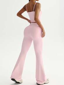 Sovereign Charm 3pcs Women's Sports Suit Set, Includes Long Sleeve T-Shirt, Adjustable Strap Top, And High Waist Flared Pants, Suitable For Daily Casual Wear, Running, Yoga, Gym, Tennis, All Seasons Flared Leggings Set Pink Sport Set - Pink - View 3