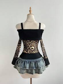 Elamini Blusa de manga larga con hombros descubiertos con estampado de leopardo, estilo Y2K para uso casual diario, con estampado de leopardo en contraste - Multicolor - Ver 2