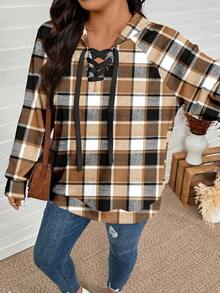 EMERY ROSE 圣诞格子印花休闲宽松大码女式连帽长袖卫衣，秋冬款，女士冬季款，新年女装，格子图案 - 彩色 - 查看 4