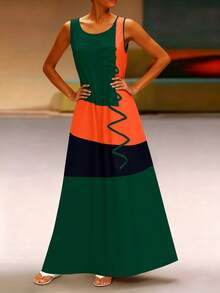 EMERY ROSE 女士彩色拼接圆领无袖连衣裙长款女装