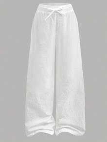 SHEIN Teen Girls Pants Daily Wear Outfits Casual Basic 100%Cotton Elastic Waistband White Pants, Wide Leg Pants, Back To School Cotton Pants Girl Wide Leg Pants Linen Pants For Girls Loose Pants Summer Pants - White - View 3