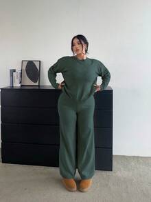 Flirla Soft & Flattering Versatile Casual Wide Leg Pants & Long Sleeve Knit Set - Green - View 4