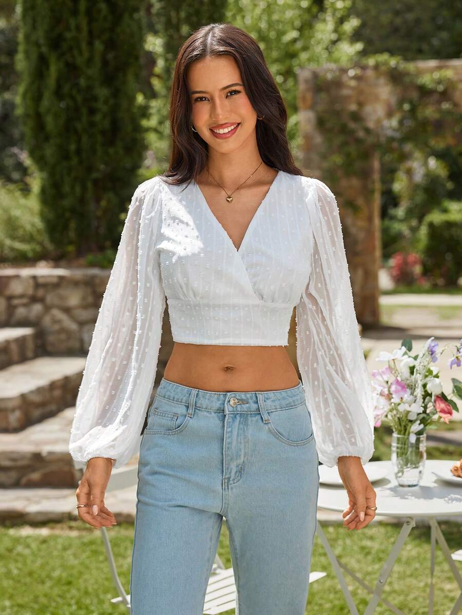 KARISMINA 度假女用透明燈籠袖短版休閒襯衫 - 白色 - 查看 1