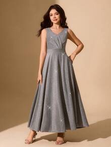 少女V领褶裥腰部圣诞连衣裙，优雅