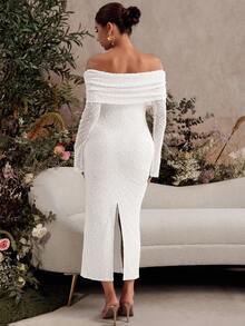 MaterniChic Elegant Maternity Fold-Over Off-Shoulder Flare Sleeve Dress, Autumn