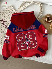 女童休闲复古字母和数字徽章图案宽松圆领舒适针织长袖运动衫，适合秋冬季 - 彩色 - 查看 2