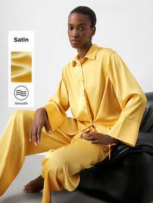 Maija 2pcs Women's Solid Color Drop Shoulder Long Sleeve Front Button Fashionable Shirt Set