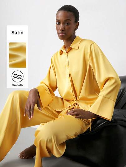 Maija 2pcs Women's Solid Color Drop Shoulder Long Sleeve Front Button Fashionable Shirt Set