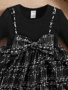 SHEIN Robe bébé fille 2 en 1 avec décoration de nœud, confortable et mignonne, convient pour l'automne