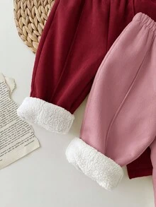 SHEIN 2条装女婴灯芯绒纯色保暖内衬弹力腰裤，适合室内、户外滑雪、日常穿着、运动、玩耍、聚会、摄影、圣诞节及秋冬季其他场合。 - 彩色 - 查看 7