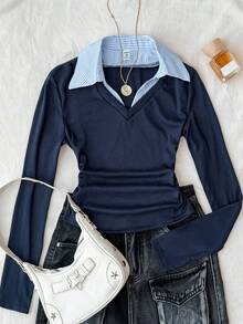 Teen Girls V-Neck Long Sleeve 2 In 1 Shirt Collar Fitted Knit T-Shirt