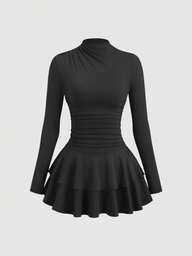 SHEIN PETITE Abito vintage da donna a maniche lunghe, collo alto, vita arricciata, colore rosso, adatto per autunno/inverno