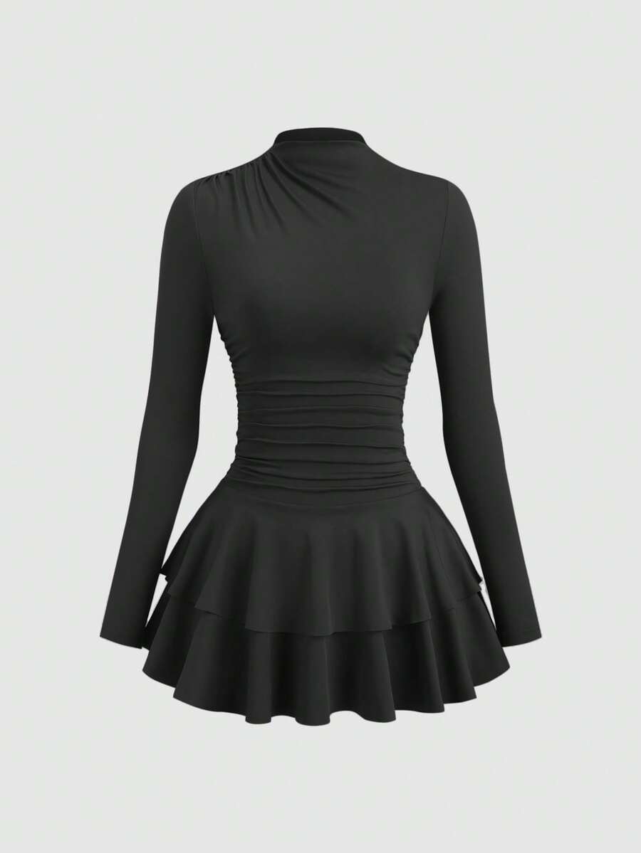 SHEIN PETITE Abito vintage da donna a maniche lunghe, collo alto, vita arricciata, colore rosso, adatto per autunno/inverno - nero - Visualizzare 1