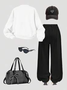 SHEIN Tween Girl Loose Casual Minimalist Comfortable Round Neck Pullover Sweatshirt & Pants Set With Bow Design - Red - View 3