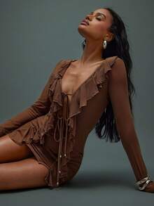 Hauture Women's Solid Color Ruffle V-Neck Sexy Long Sleeve Short Dress - Brown - View 5