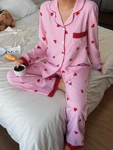 Dream Adore Striped Heart Patchwork Lapel Collar Pajama Set For Women Long Sleeve Heart Pajama Set Two Pieces Sleepwear Set Pajamas Set, Winter Clothes - Red - View 4