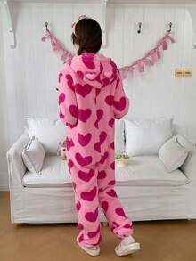 少女粉色心形连帽长袖拉链休闲柔软羊毛连体裤家居服 - 彩色 - 查看 2