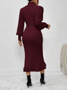 SHEIN Clasi Váy len ôm cổ cao màu trơn thời trang thu đông - Màu Đỏ Sâu - Xem 2