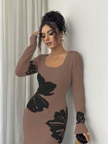 Elenzga Váy len bó sát eo dệt kim Jacquard cổ vuông - Màu Khaki - Xem 6