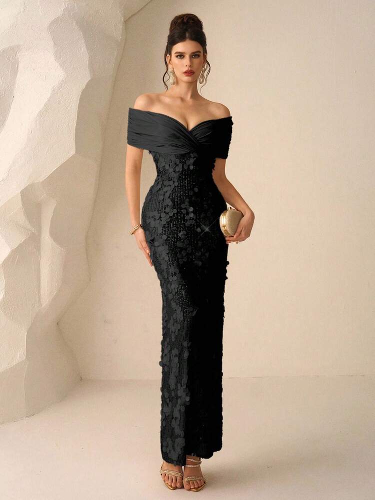 Elegantes Meerjungfrauenkleid mit Off-Shoulder Ausschnitt und Langen Ärmeln für Herbst und Winter, Schleppender Spitzen-Stickerei Abendkleid, Hochzeitskleid, Party, Weihnachtskleid, Valentinstag - Schwarz - Übersicht 5
