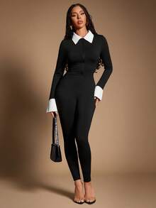 Radiana Women's Sexy Casual Minimalist Fashion Black & White Contrast Color Jumpsuit, Shirt-Style 2 In 1 Long Sleeve Jumpsuit, Casual Wear, Business Attire, Office Wear, Autumn/Winter Base Layer, Suitable For Daily Outings, Office, Commuting, Gatherings ,Sexy Jumpsuits, Bodycon Jumpsuit, Tall Curve, Long Sleeve Jumpsuit Women Bodysuits For Women Full Body Suit - Black and White - View 4