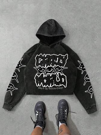 Manfinity Roghcode Autumn/Winter Graphic Men's Hoodie, Slightly Elastic Distressed Washed Cotton Black Long Sleeve Sweatshirt, Streetwear Graphic Long Sleeve Hooded Pullover, Gift For Friends, Husband, Boyfriend