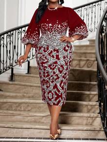 SHEIN Lady 春夏优雅通勤办公室豹纹仿钻针织圆领铅笔喇叭袖中长袖大码连衣裙女夏装女装夏装女装大码夏装 - 彩色 - 查看 3