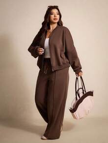 Elaquor 2pcs Plus Size Thermal Lined Jacket And Pants Set Spring - Coffee Brown - View 4