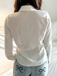 SHEIN Teen Girls Button-Up Long Sleeve Shirt With Front Chest Pocket - White - View 2
