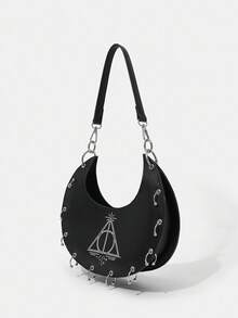 HARRY POTTER X SHEIN Deathly Hallows Crescent Shoulder Bag, Black Y2K Punk Rivet Hobo, Unique Goth Crossbody For Streetwear & Daily - Black - View 7