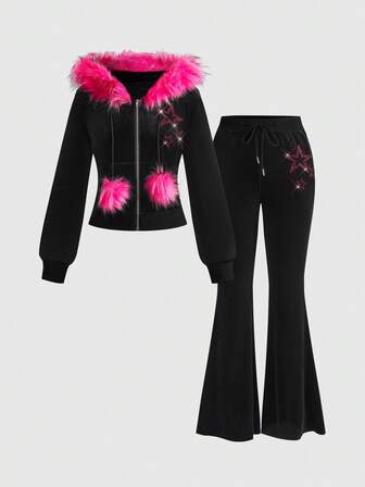 J-Fashion Set da 2 pezzi da donna in velluto stile Y2K, con felpa con cappuccio in contrasto di colore e pelliccia finta, pantaloni a zampa, decorato con strass a forma di stella