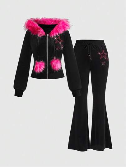 J-Fashion Ensemble 2 pièces pour femmes comprenant un sweat-shirt à capuche en velours bicolore avec patchwork de fausse fourrure et un pantalon évasé, avec décoration de strass en forme d'étoile