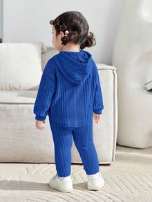 SHEIN 2pcs Baby Girl High Stretch Textured Ribbed Thermal Lined Hoodie Sweatshirt And Jogger Pants Tracksuit Set, Versatile All-Match For Winter - Blue - View 2