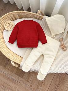 SHEIN 新生女宝宝冬季保暖毛衣、裤子和帽子套装 - 紅色 - 查看 2