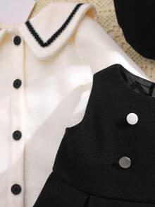 SHEIN 2件套女婴可爱羊毛无袖连衣裙和撞色彼得潘领长款开衫套装 - 黑色 - 查看 14