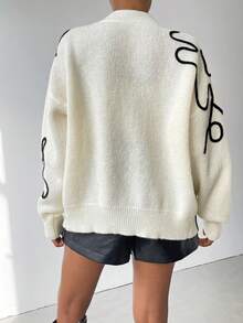 Chiquease Floral Pattern Drop Shoulder Cardigan,Long Sleeve Tops Fall Winter Cloth For Women - Black and White - View 2