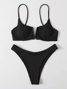 SHEIN Swim Summer Beach Solid Color Two-Piece Bikini Set Carnival - Black - View 4