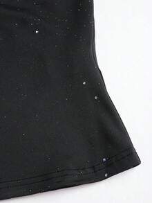 Sweetra 性感美式朋克风无袖露脐上衣，垂褶领口，露肩设计，闪亮亮片装饰，修身剪裁，适合初秋穿着，女士款 - 黑色 - 查看 5