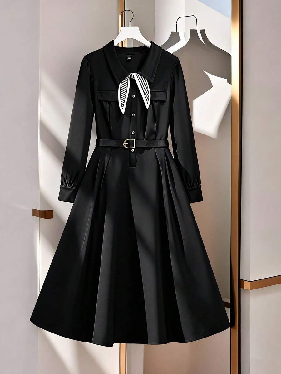 GlowEve CURVE 大码女式长袖立领纯色连衣裙，适合日常通勤，简约商务风格，百搭优雅 - 黑色 - 查看 1