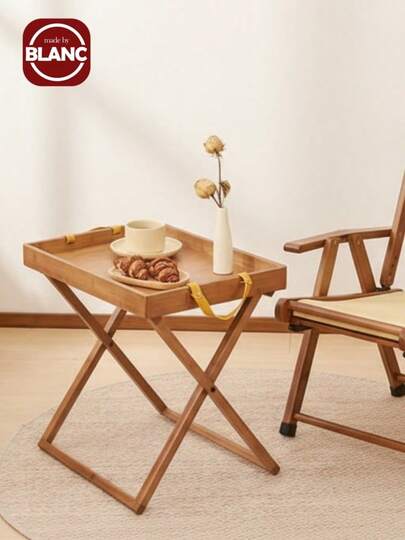 便携式边桌，带手柄的折叠竹制早餐和小吃托盘桌，户外便携式露营桌，可折叠紧凑型咖啡和边桌，适用于客厅、卧室