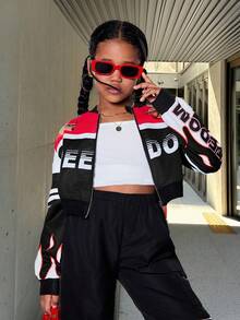 SHEIN Tween Girl Fashionable Street Style Long Sleeve Cropped Motorcycle Jacket, Autumn/Winter