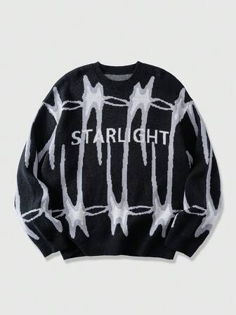 Pull décontracté à col ras-du-cou à manches longues avec motif jacquard de lettres, automne/hiver