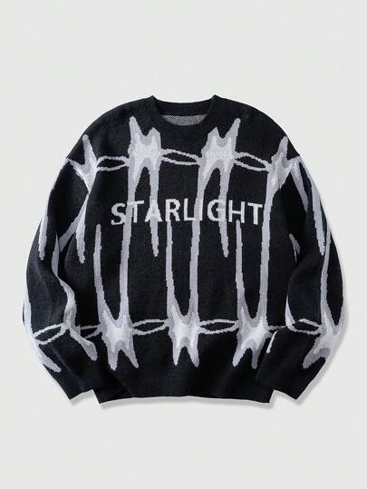 ROMWE MEN Men's Letter Jacquard Crew Neck Long Sleeve Casual Sweater, Autumn/Winter