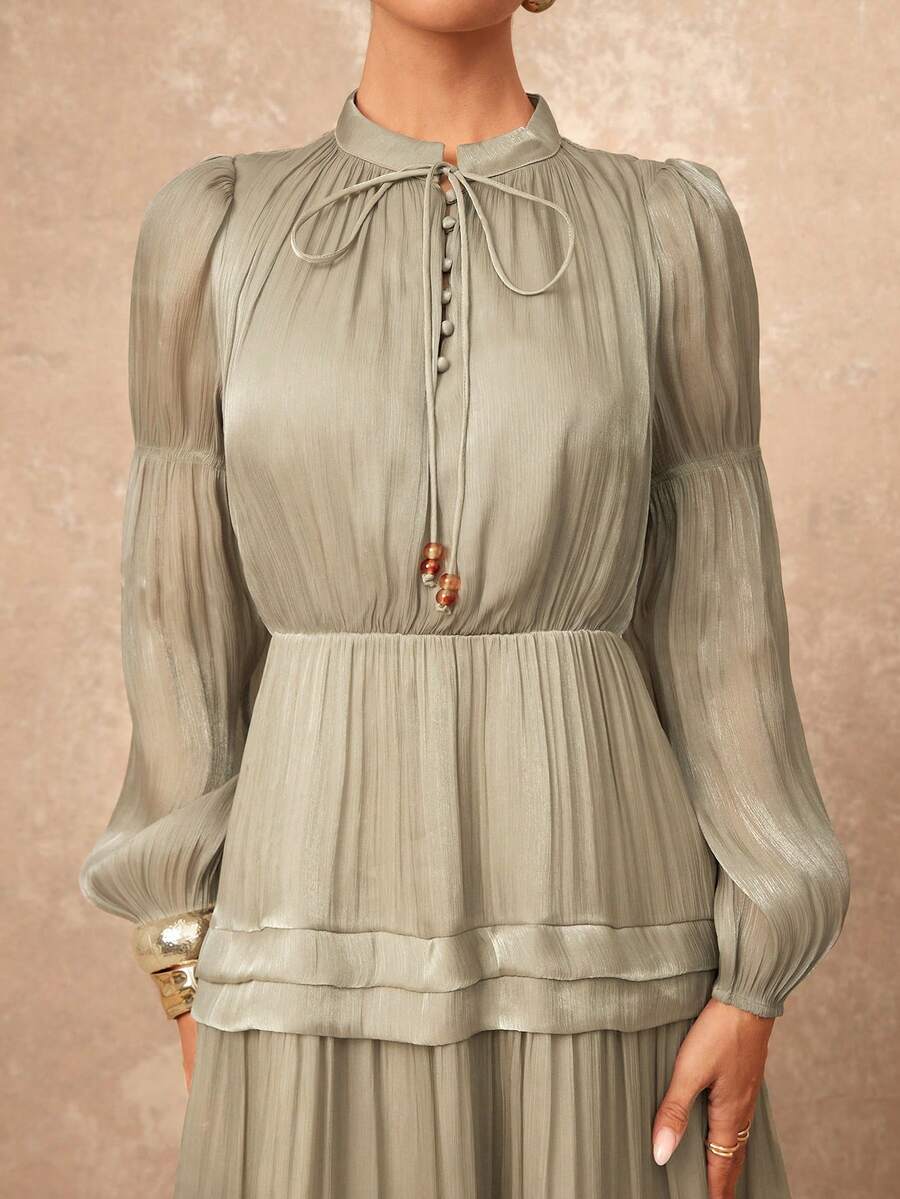 Lumalex 新款复古浅绿色亮片长袖连衣裙，秋冬款